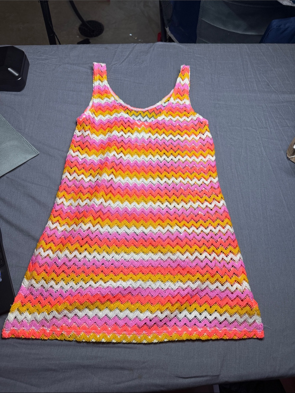 art class Pink, Yellow & White Zigzag Crochet Swim Coverup